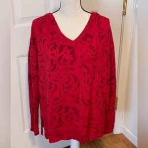 Athleta Size L Red V-Neck Sweater with thumb holes Swirl Pattern relaxed fit